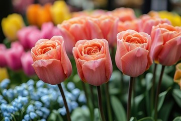 Wall Mural - Closeup of Peach Tulips with Water Droplets