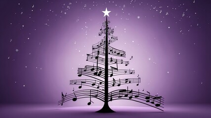 Wall Mural - christmas tree made of musical score on soft purple background