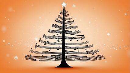 Wall Mural - christmas tree made of musical score on soft orange background