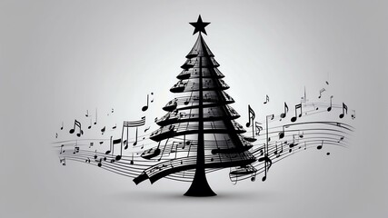 Wall Mural - Christmas tree made of musical score on soft gray background