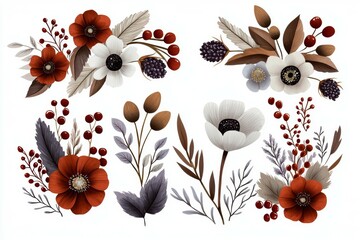 Wall Mural - Set of flowers with red and white colors