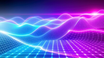 a neon landscape of glowing grids creates a futuristic, abstract design with vibrant colors.