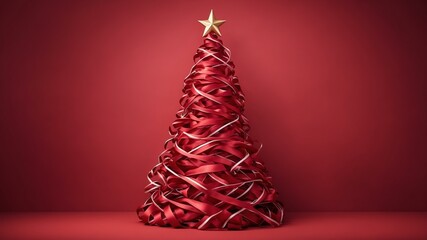 Wall Mural - christmas tree made of ribbons on soft red background