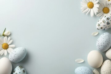 Wall Mural - Blue and white background with a bunch of eggs and flowers