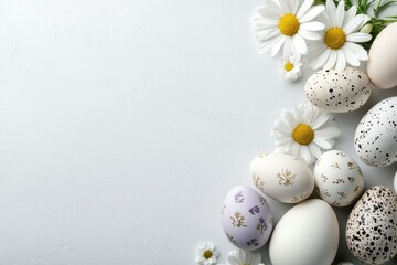 Wall Mural - White background with a bunch of eggs and flowers