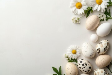 Wall Mural - White background with a bunch of eggs and flowers