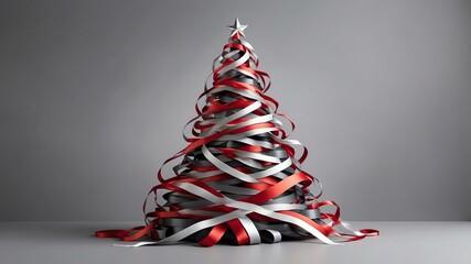Wall Mural - christmas tree made of ribbons on soft gray background