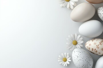 Wall Mural - White background with a bunch of eggs and a flower