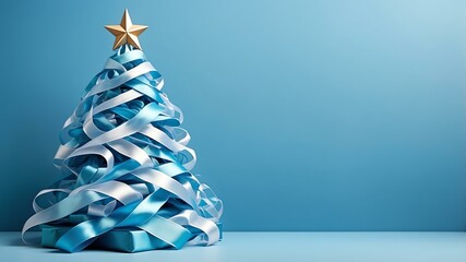 Wall Mural - christmas tree made of ribbons on soft blue background