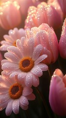 Wall Mural - Pink Daisies and Tulips with Dewdrops