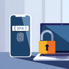 a smartphone displaying a 2fa code or fingerprint scanner with a laptop and a padlock symbol, symbol