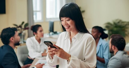 Poster - Typing, mobile and business woman in meeting, reading email or sustainability manager on forum. Phone, office or happy worker on app for communication online, eco friendly project or esg notification