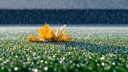 Canvas Print - Autumn leaves resting on artificial grass during a gentle rain, creating a serene atmosphere