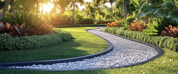 Canvas Print - Curved Garden Path with White Stones and Lush Greenery