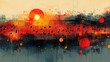 © aicandy - A vivid abstract artwork intertwines music and nature, displaying sheet music against a fiery red and orange sunset backdrop, blending colors creatively.