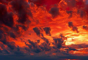 Wall Mural - Fiery Sunset Sky Dramatic Red Clouds, Burning Orange Hues, Golden Sun