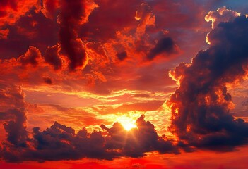 Wall Mural - Fiery Sunset Sky Dramatic Red Clouds, Burning Orange Hues, Golden Sun