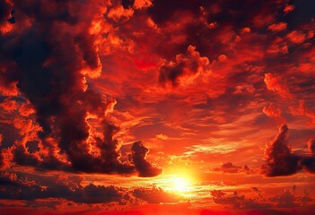 Wall Mural - Fiery Sunset Sky Dramatic Red Clouds, Burning Orange Hues, Golden Sun