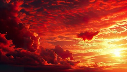 Wall Mural - Fiery Sunset Sky Dramatic Red Clouds, Burning Orange Hues, Golden Sun