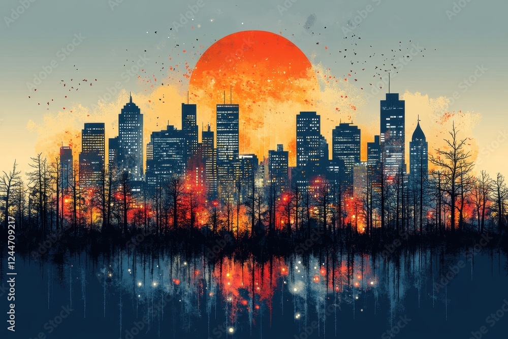 Dramatic Urban Skyline Silhouette with Intense Fiery Sunscape and Eerie ...