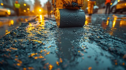 Wall Mural - Road repair crew compacting wet asphalt at night