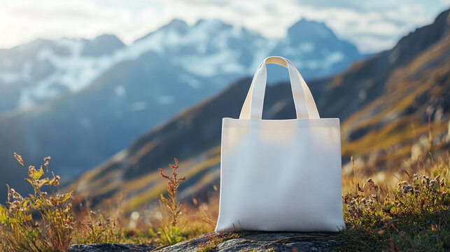 White eco-friendly cotton tote bag mockup or template, mountain range nature landscape in the background. organic material for customer who is shopping groceries, branding advertisement.