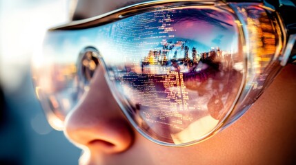 A close inspection of a person's eye wearing glasses reveals digital data and binary code, imparting a sense of concentrated focus and curiosity.
