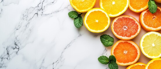 Wall Mural - Grapefruits and mint leaves laid out on a marble cutting board, offering abundant space for text and promotional content