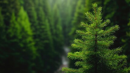 Evergreen treetop, forest valley, misty background, nature scene, website banner