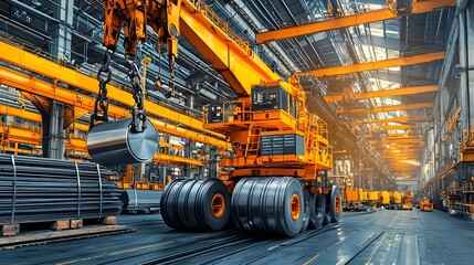 Poster - An overhead crane transporting large steel plates through a spacious industrial factory showcasing the heavy duty machinery and precision technology used in modern manufacturing processes