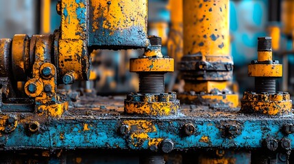 Poster - Close up shot showcasing the intricate details and rugged textures of the hydraulic pistons that power a massive industrial mechanical press