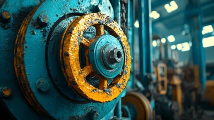 Poster - Closeup detailed view of powerful hydraulic pistons driving a robust industrial mechanical press machine