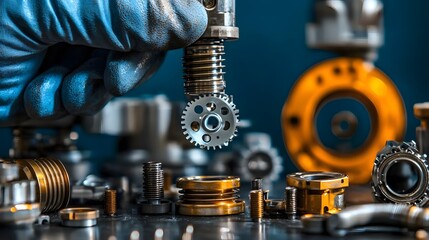 Poster - Detailed view of a metal stamping plant producing precision automotive parts and components for the manufacturing industry  The image showcases the intricate machinery gears