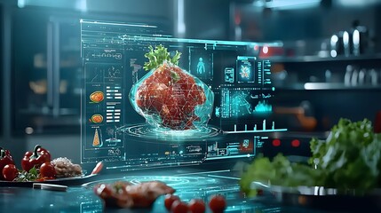 Aufkleber - Digital concept of a self cleaning high tech kitchen counter with advanced sensors and holographic display for seamless stain removal food cooking tasks in a modern streamlined interior