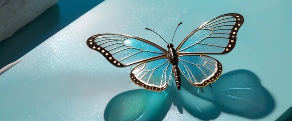 Wall Mural - Mesmerizing Fantasy Butterfly with Crystalized Wings on a Serene Blue Stone