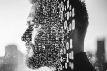 A surreal picture of a face overlaid with digital code on a dark background, capturing the profound interaction between human beings and technology.