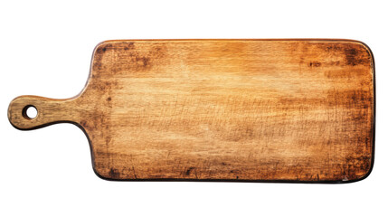 Old rustic empty wooden cutting board with handle on transparent background