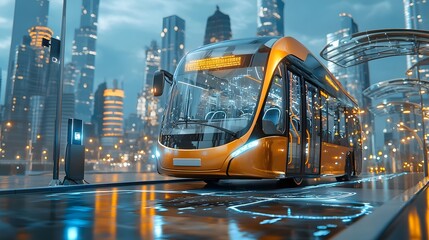 Leinwandbilder - Futuristic electric bus wirelessly charging at a sleek technologically advanced city backdrop with towering skyscrapers illuminated streets and a clean sustainable urban environment
