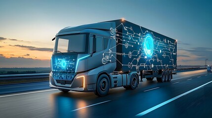 Aufkleber - Futuristic hydrogen powered truck speeding down a highway with a glowing blue fuel cell logo prominently displayed showcasing the clean energy innovation in the transportation industry of the future