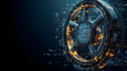 Fototapete - Futuristic steering wheel design created from solar panels wind turbines and water energy symbols representing the of renewable energy sources in modern transportation and technology