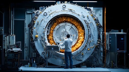 Poster - Futuristic time machine concept being carefully tested and evaluated inside a highly restricted and advanced research facility showcasing a complex control panel and technological apparatus