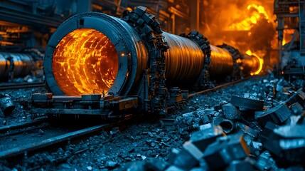 Poster - Glowing hot steel rods being transported on a conveyor belt in a heavy industrial manufacturing plant  The rods are glowing with an intense orange red heat