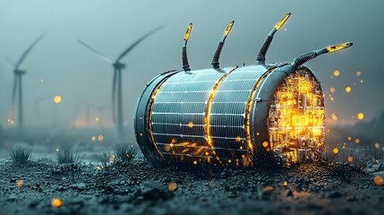 Poster - Glowing renewable energy battery icon made from solar panels and wind turbines symbolizing sustainable and clean power from alternative resources