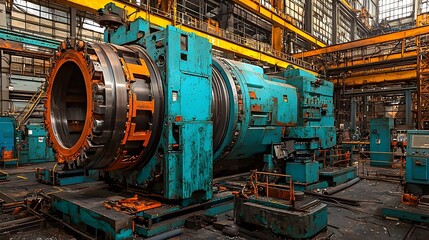 Leinwandbilder - Heavy duty industrial lathe machine carving and processing a large metal cylinder in a bustling manufacturing workshop  The scene showcases advanced metalworking technology engineering expertise