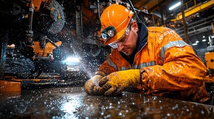 Leinwandbilder - Industrial Worker Utilizing High Pressure Water Jet Technology to Efficiently Cut Through Steel Plates in a Manufacturing or Construction Workshop Setting