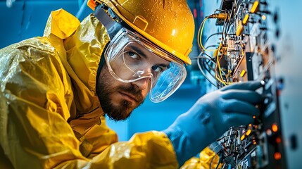 Poster - Industrial worker wearing protective equipment inspecting and monitoring the control panel of a blast furnace in a manufacturing or steel production facility
