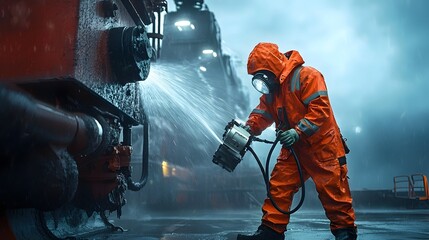 Leinwandbilder - Industrial worker wearing protective orange uniform using high pressure water jet to cut through steel plates in a manufacturing or construction workshop