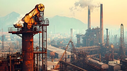 Aufkleber - Massive steel production facility with large industrial chimneys and smokestacks dominating the urban landscape  The facility represents the heavy industry and manufacturing at the heart of the city