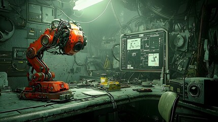 Leinwandbilder - Mechanical arm meticulously assembling a highly classified and technologically advanced robotic soldier in a dimly lit high security laboratory setting