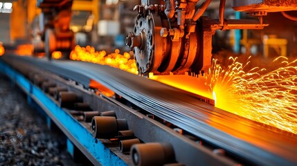 Poster - Molten sparks fly as steel rebar is produced at a manufacturing plant
